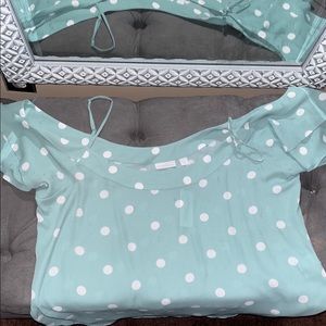 Aqua polka dot cold shoulder top